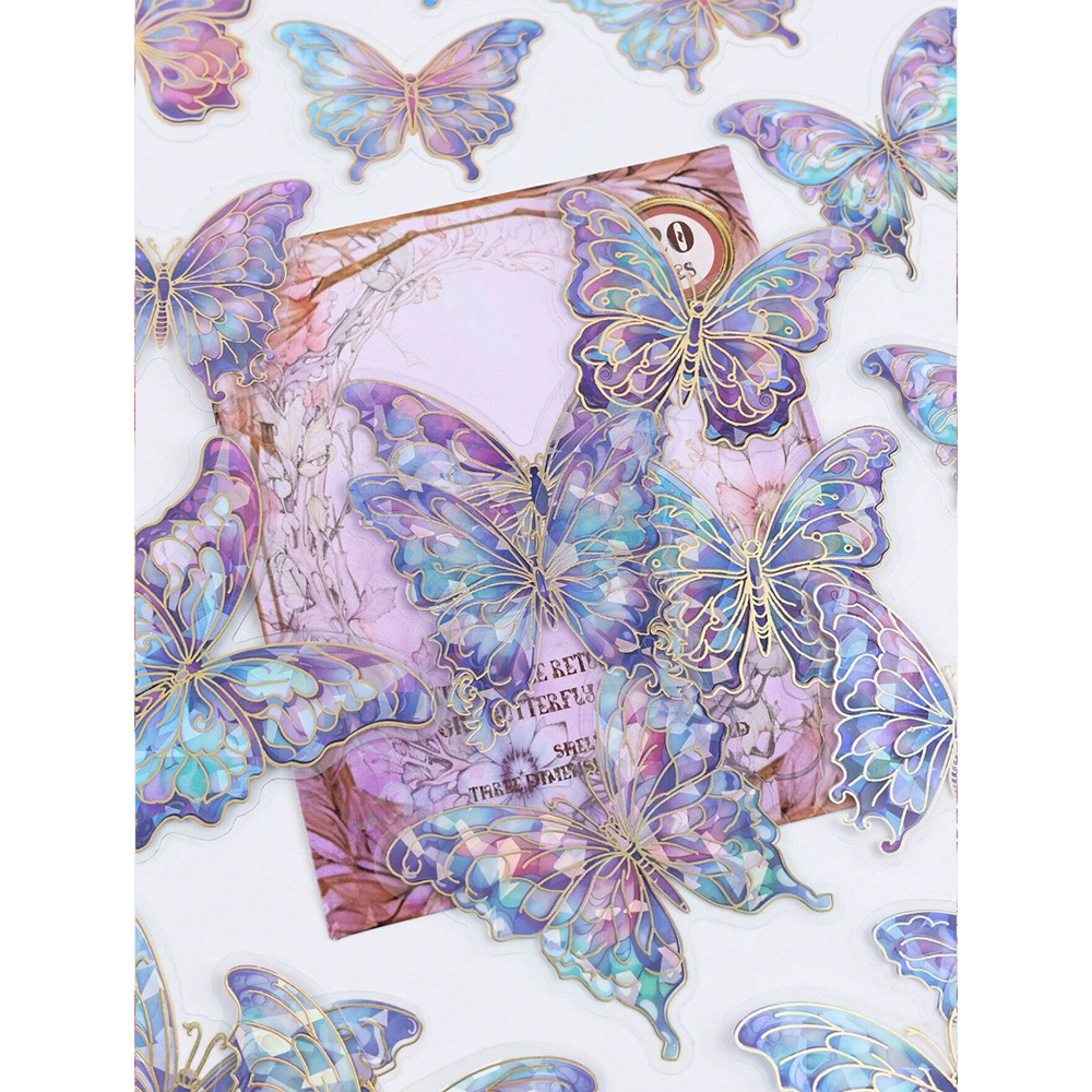 Decorative Plastic Stickers - Butterflies Purple Gold 20pcs